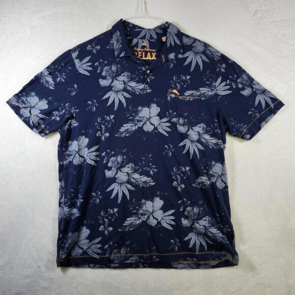 Tommy Bahama Relax Polo Shirt Mens M Blue Floral Print 100% Pima Cotton SS